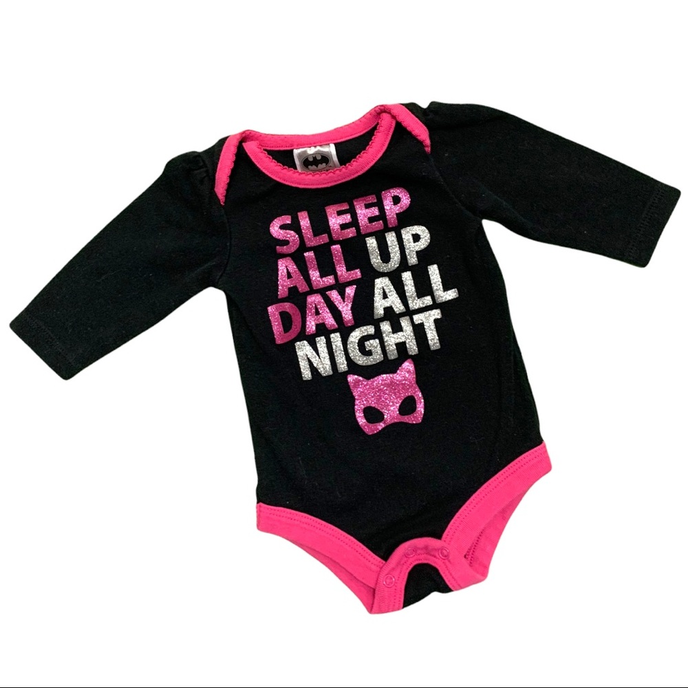 5/$25 Batman Glitter Sleep All Day LS Onesie Snap Button Bodysuit Baby 0-3 Month